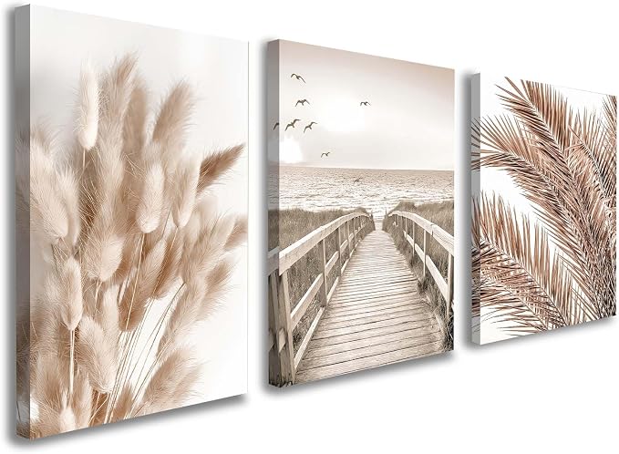 3 Piece Wall Art Framed Canvas Wall Art Neutral Boho Landscape Pictures Wall Decor with Beach Grass and Palm Leaves Design for Living Room Bedroom Bathroom Office Wall Decor with Hooks and Nails 12x16 Inch