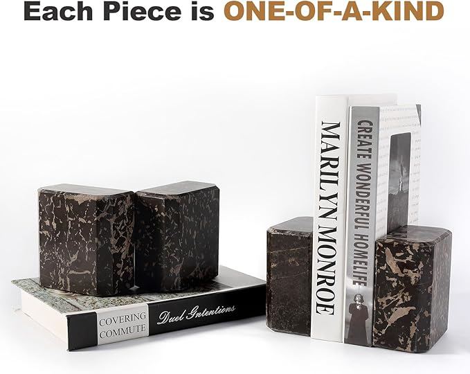 BCS Italy Natural Marble Bookends for Shelves, 7lbs Decorative Book Ends for Heavy Books, Athenian Column Stone Book Holders, Office Bookshelf Stopper Decor for Books, CDs, Video Games (Nero Portoro)