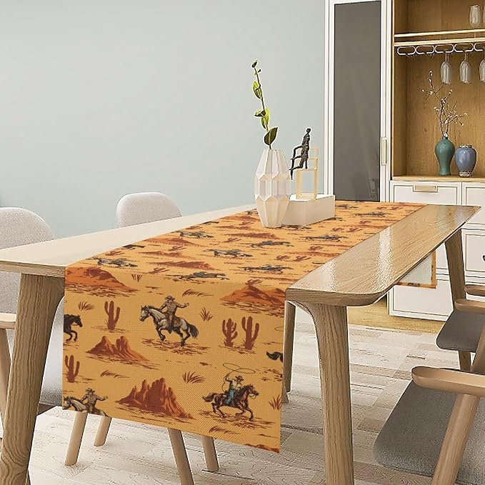 Retro Western Cowboy Table Runner, Rustic Wild West Rodeo Horses Cactus Desert Print Table Decoration for Kitchen Dining Home Party Birthday Decor, 13x36 Inch