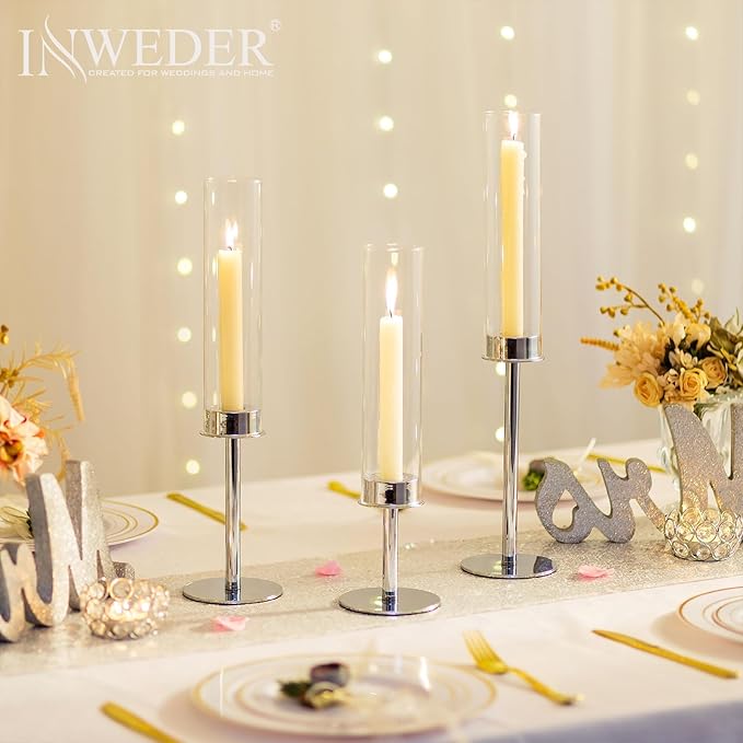 Silver Candle Holders for Candlesticks - Taper Candle Holders with Removable Glass, Tall Silver Candlestick Holders, Candle Stand Candle Sticks Long Holder for Table Centerpiece, Home, 18Pcs