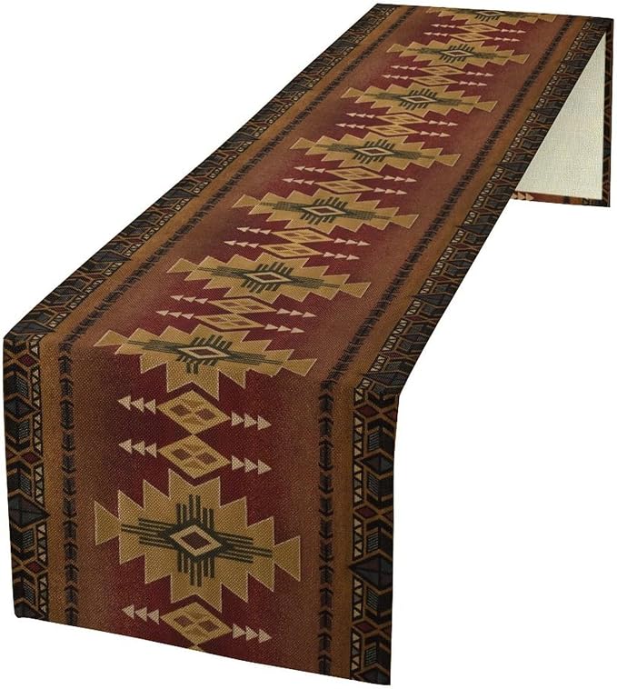 Aztec Vintage Table Runner Southwest Ethnic Style Bohemia Design Retro Geometry Triditional Garden Farmhouse Dining Table Decoration for Living Room Kitchen 13x120in