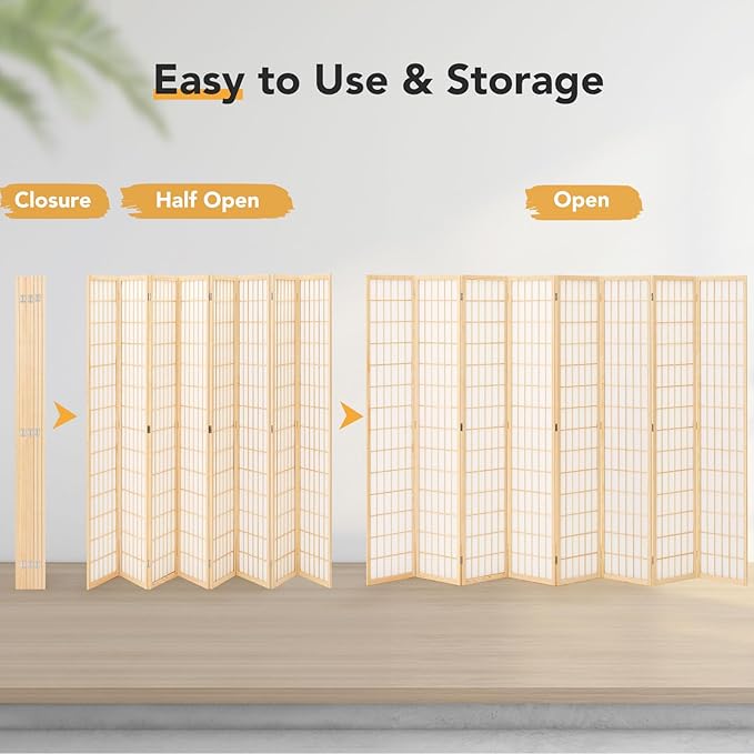 JOSTYLE Room Divider Scree 8 Panel, 6Ft Folding Privacy Screen for Room Separation, Shoji Screen Japanese Style Room Divider Wall, Natural, 70.9" H x 138" W