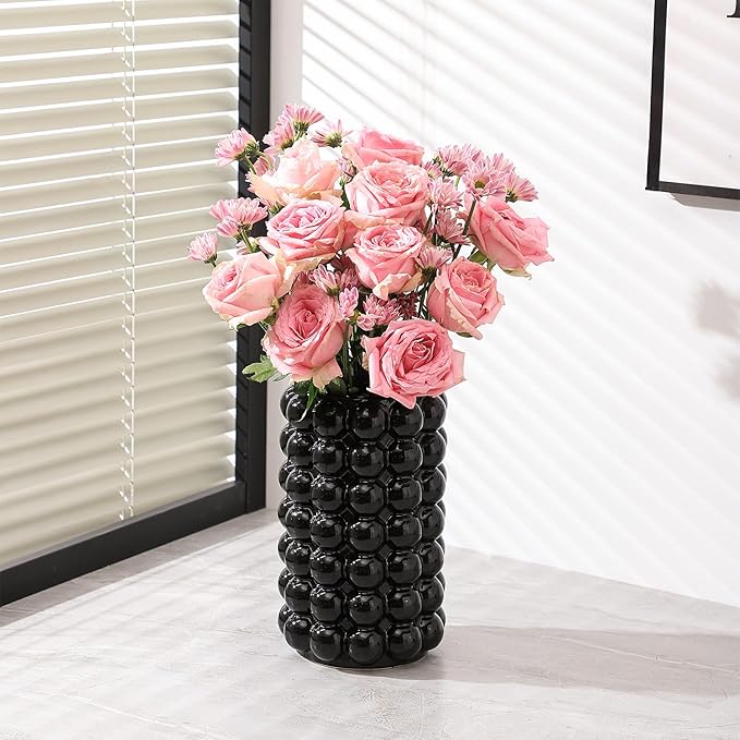 Black Bubble Vase, Black Ceramic Vase for Flowers, Tall Ceramic Vases for Boho Decor, Modern Vases for Living Room, Dinner Table, Bedroom, Wedding, Fireplace Mantel, 8.5 Inches