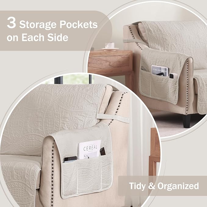 Quilted Beige Sofa Slipcovers with Pockets, Anti-Slip Medallion Couch Covers for Sofa, Couch Cover for Dogs Cats Water-Repellent Machine Washable Sofa Cover (Large Sofa 68", Beige Cream)