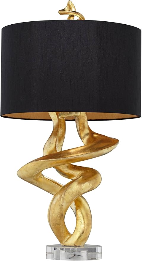 Kathy Ireland Impressions 33" Tall Sculpture Base Large Modern Luxury End Table Lamp Gold Leaf Finish Single Black Shade Living Room Bedroom Bedside Nightstand House Office Home Reading Kitchen