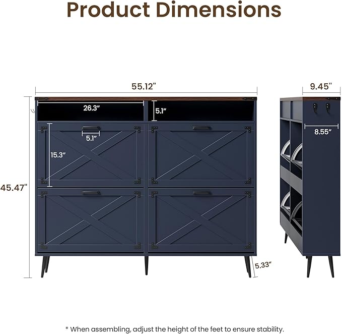 Shoe Storage Cabinet with 4 Flip Drawers Narrow Shoe Rack Cabinet Farmhouse Design Freestanding Shoe Organizer with Open Storage for Entryway,Hallway,Foyer,Blue Walnut