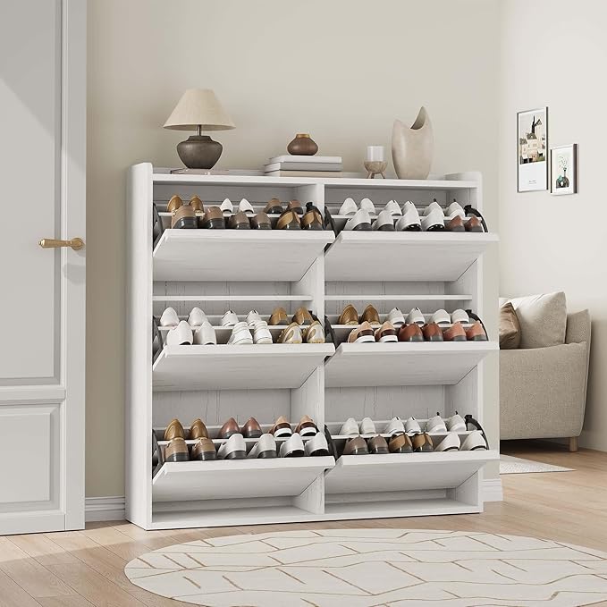 GarveeHome Shoe Cabinet with 6 Flip Drawers, Wooden Shoe Organizer Cabinet with Adjustable Shelf, Shoe Storage for Entryway, Hidden Shoe Cabinet for Hallway, Living Room, White