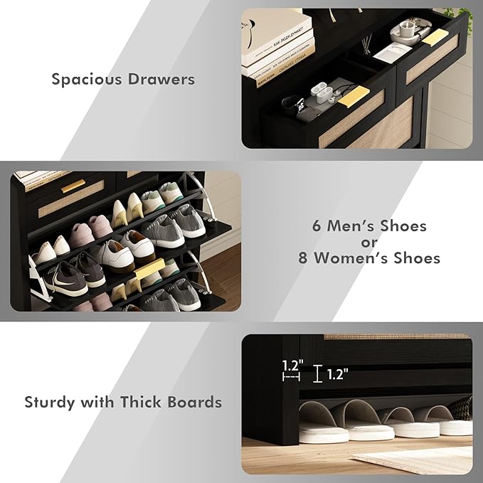 Shoe Organizer Cabinet Storage for Entryway - Slim Rattan Shoe Rack for Front Door Entrance, Narrow Hidden Shoe Cabinet with Flip Drawers, Boho Shoe Holder Cabinet, Two Doors, Black