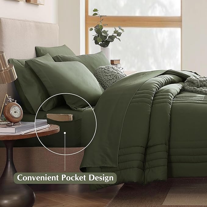 Monbix Queen Comforter Set - 7 Pieces Olive Green Bed in a Bag Queen Bedding Sets with Comforters, All Seasons Comforter Bed Set with Sheets, Pillowcases & Shams