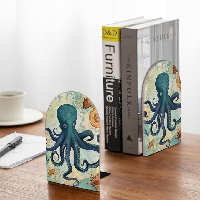 Octopus Ocean World Sea 2 Piece Wood Decorative Bookends 6.7x4.2 in, Book Ends for Home Office Library Shelves Decor Room Kitchen Desktop