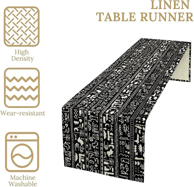 Egypt Table Runner Ancient Egyptian History Mural Old Hieroglyphic Elements Imperial Art Pattern for Coffee Table Dining Indoor Kitchen Holiday Picnic Party Camp Decor 13x70in