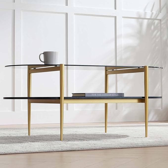 LumFurn Oval Glass Coffee Table, Mid-Century Modern Design, L41 x W21 x H17 inch, for Living Room, Grey Glass Top, Black Marble Finish Wood Shelf & Gold Finish Frame