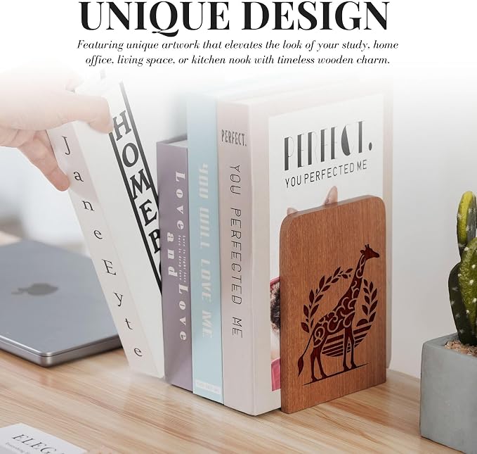 INNObeta Decorative Wooden Book Ends, Animal Bookends, Heavy Duty Bookends for Shelves Unique Design(1 Pair, 4.72x6.69 Inches) - Giraffe