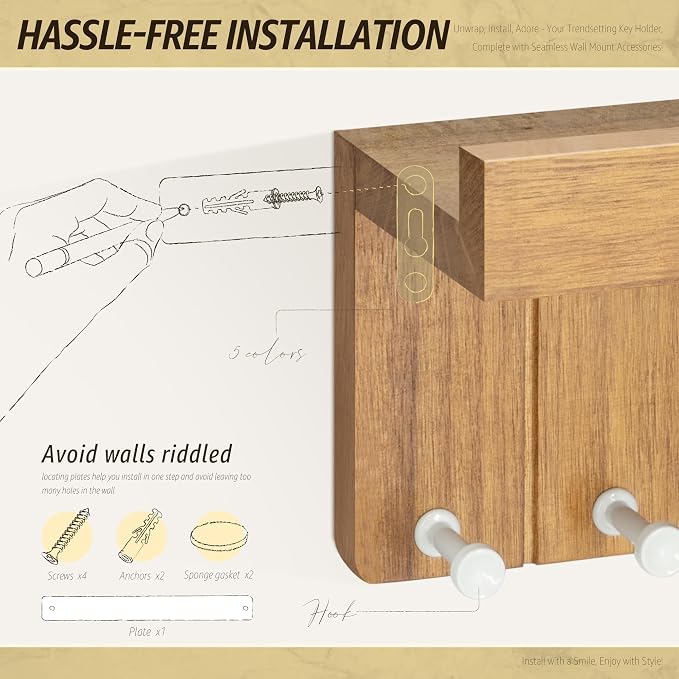 Rebee Vision Decorative Key Holder Wall Mount - Modern Farmhouse Key and Mail Holder for Wall with 7 Hooks and Floating Shelf - The Perfect Apartment Essentials in Your Home Decor (Light Brown)