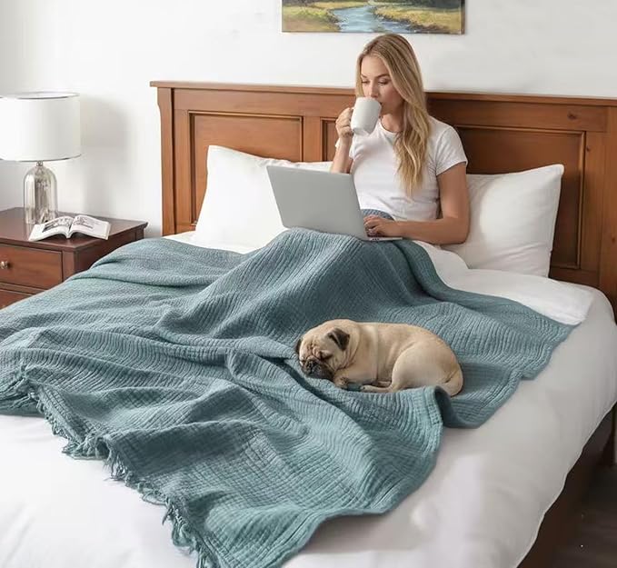 KyraHome Muslin Blankets for Adults, 100% Organic Cotton Blanket Plant Dyed, Breathable Lightweight Gauze Throw Blanket for Couch, All Season, 50"x60" (Slate Blue)