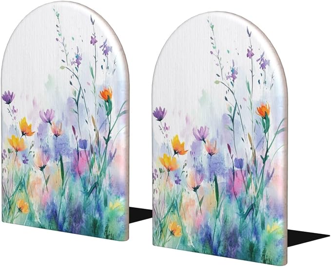 Blue Spring Flowers 2 Pack Decorative Bookends 6.7x4.2 in, Watercolor Leaves Book Ends for Home Office Library Shelves Decor Room Kitchen Desktop