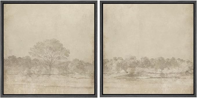 SIGNFORD Framed Canvas Print Wall Art Set Vintage Sepia Forest Landscape Neutral Toned Tree Scene Illustrations Modern Art Minimal Relax/Calm for Living Room, Bedroom, Office - 24"x24"x2 Black