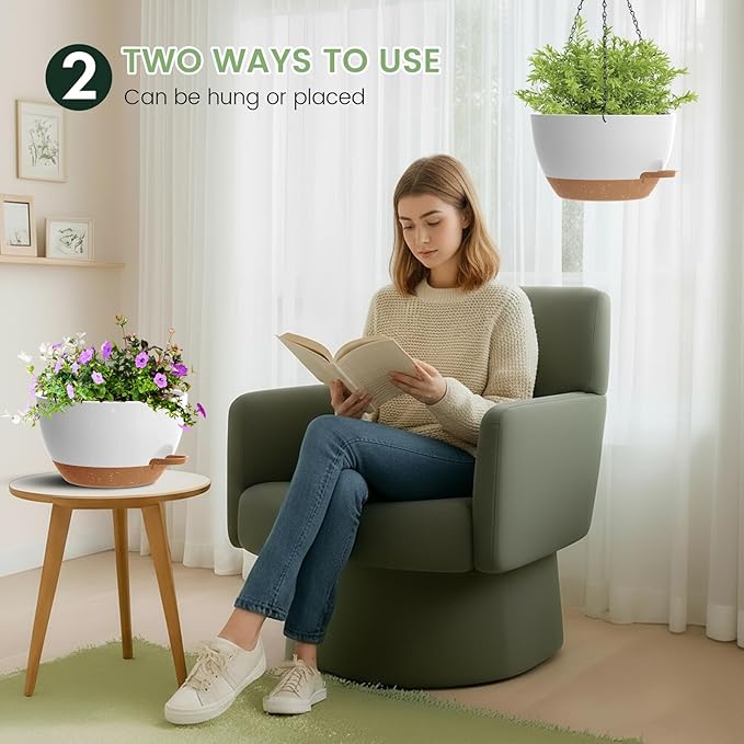 3 Pack 10 Hanging Flower Pots with Chains Self Watering Plastic Planters for Indoor Outdoor Plants, Sturdy Triangular Iron Chain Design for Garden PorchPlastic hanging flower pots (3, White-brown)