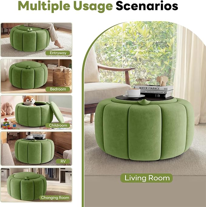 Tbfit Round Storage Ottoman - No Assembly Required, Storage & Sturdy Structure Multi-Functional Seat/Footrest for Living Room, Bedroom & Kids Room Soft Fabric for Family Home Use (Green)