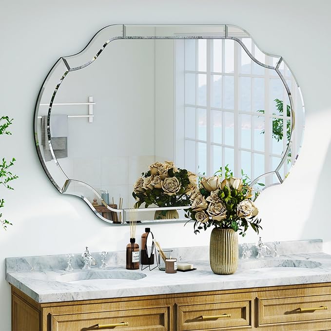 47" x 32" Large Wall Mirrors for Living Room, Modern Elegant Decorative Mirror with Beveled Glass Scalloped Corner, Horizontal or Vertical Hanging for Bathroom, Entryway, Dining Room