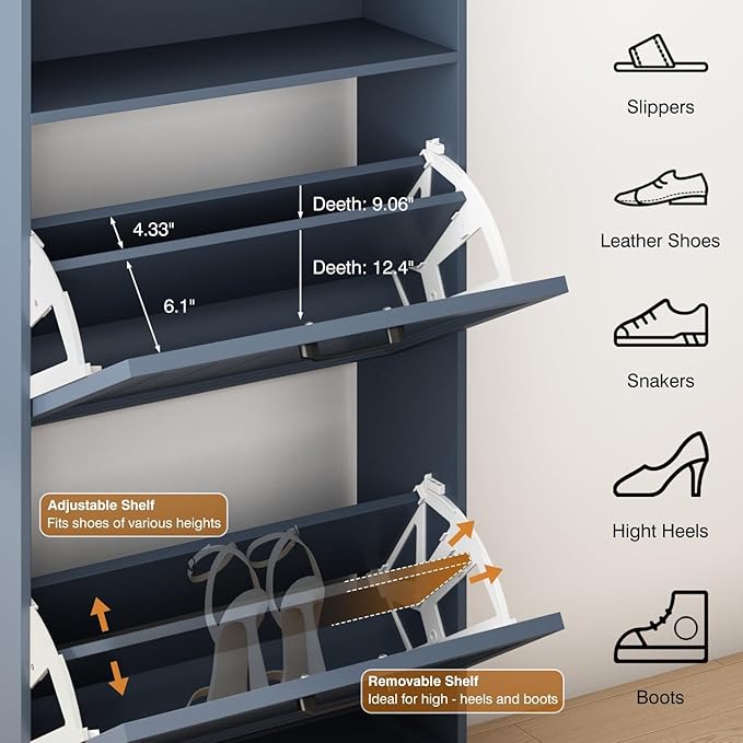Shoe Storage Cabinet with 2 Flip Drawers, 24" W Farmhouse Modern Hidden Shoes Rack with Adjustable Shelves & Open Storage, Narrow Slim Shoe Organizer for Front Door Entrance, Entryway, Navy Blue