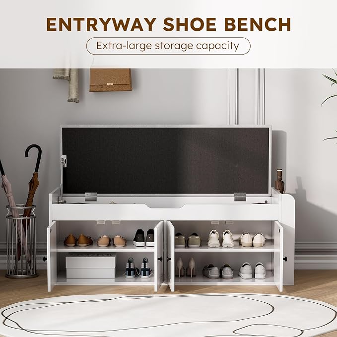 47.2" Storage Bench - Entryway Shoe Bench with Side Storage Shelves and 4 Doors, Multifunctional Entryway Bench with Lift Top Cushion, Shoe Storage Bench for Bedroom, Living Room, White
