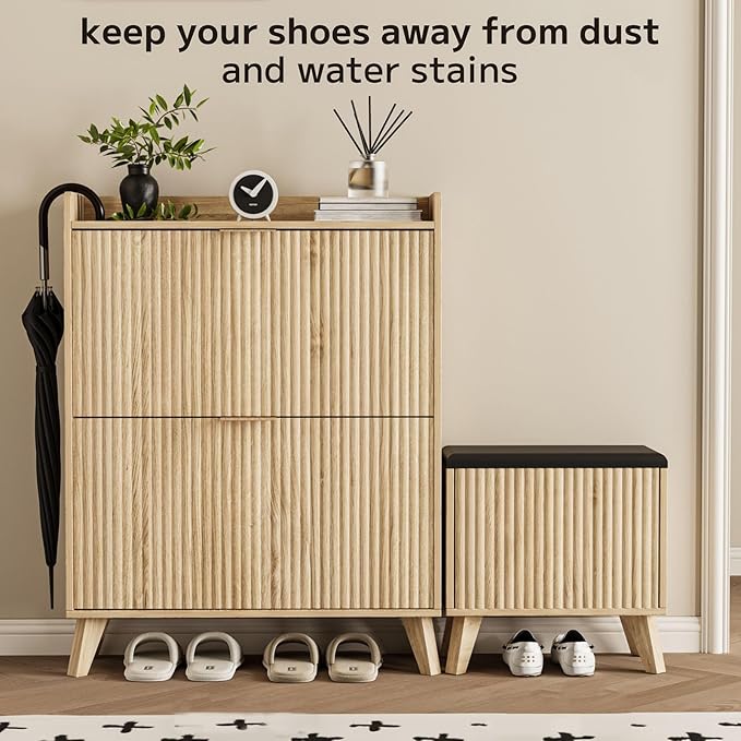 Fluted Shoe Cabinet Storage with Bench, Wood Narrow Hidden Shoe Cabinet with 2 Flip Drawers Wood Legs Adjustable Shelf for Entryway, L-Shaped Shoe Rack Organizer for Foyer Hallway Living Room