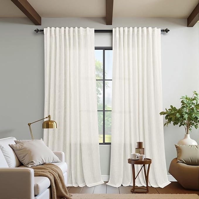 KOUFALL Living Room Curtains 72x108 Inches Long,Extra 72 Inch Wide Linen Sheer Pleat Curtain Drapes 108 Inch Length 2 Panels Set,Cream
