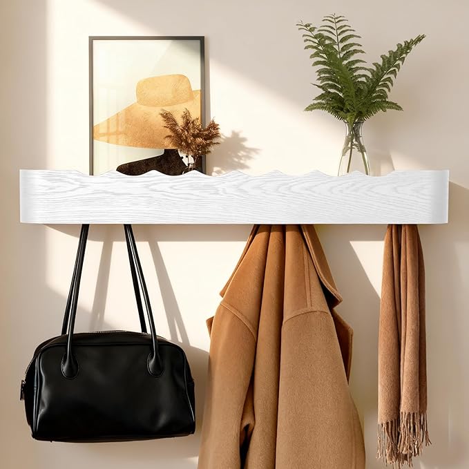 Coat Rack Wall Mount with Shelf Entryway Shelf Modern Key Holder Hanger Wall Shelves with Hidden Hooks for Hanging Towels Coats Hats Bags for Hallway Bathroom Bedroom (Wavy White, 8 Hooks)