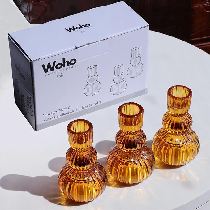 Woho Amber Candlestick Holders Set of 6 4.3" H for Thanksgiving/Fall Decorations, Ribbed Glass Taper Candle Holders Halloween Table Centerpiece, Vintage Candle Sticks Holder Decor for Boho Home Decor