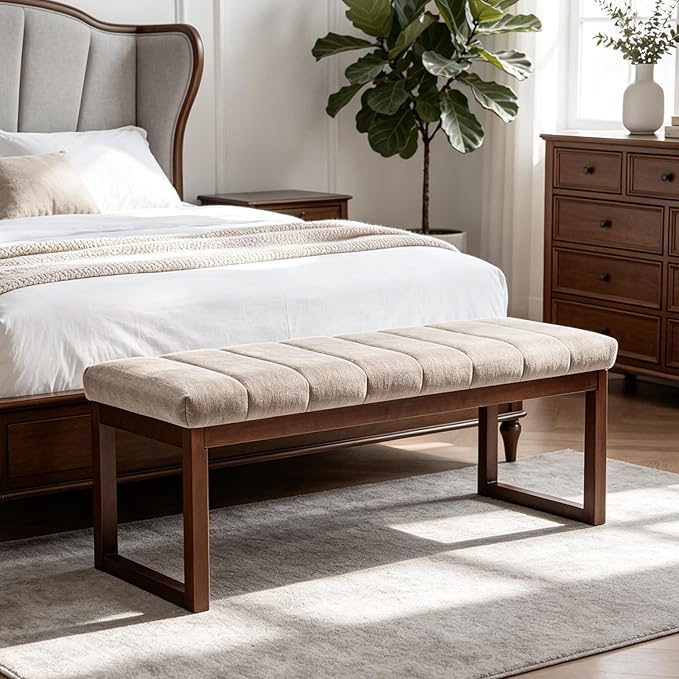 53'' Upholstered Chenille Entryway Bench, Channel Tufted End of Bed Bench Modern Ottoman with Walnut Wood Legs, Padded Window Bench with Storage for Bedroom, Living Room, Camel