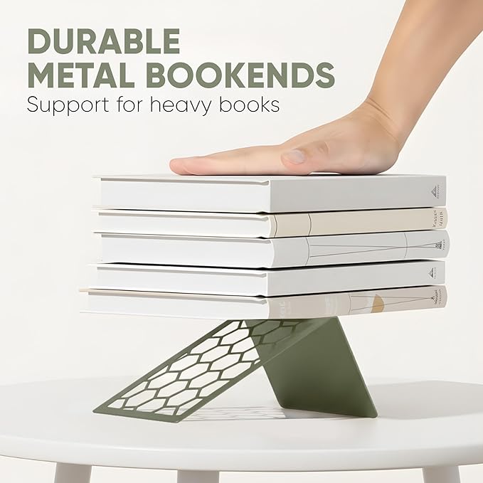 Sage Geometric Honeycomb Metal Bookends - Book Ends for Shelves - Decorative Modern Heavy Duty Bookend Stopper - Book Ends for Heavy Books - Home Office Book Holder - 2 Pair, 6x3.25x6.25 in