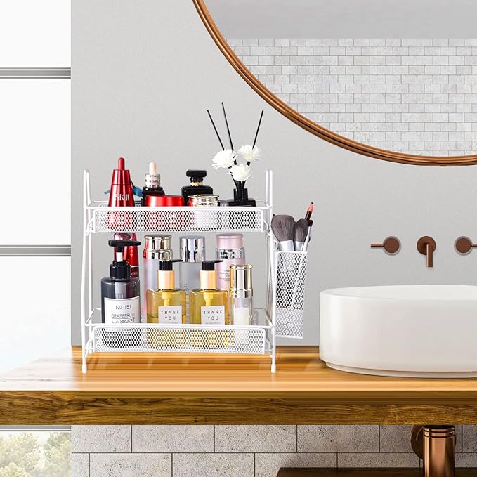 Bathroom Countertop Organizer with Basket, 2-Tier Bathroom Tray for Countertop Storage Shelf, Vanity Organizer and Storage Kitchen Counter Organizers Spice Rack(White)