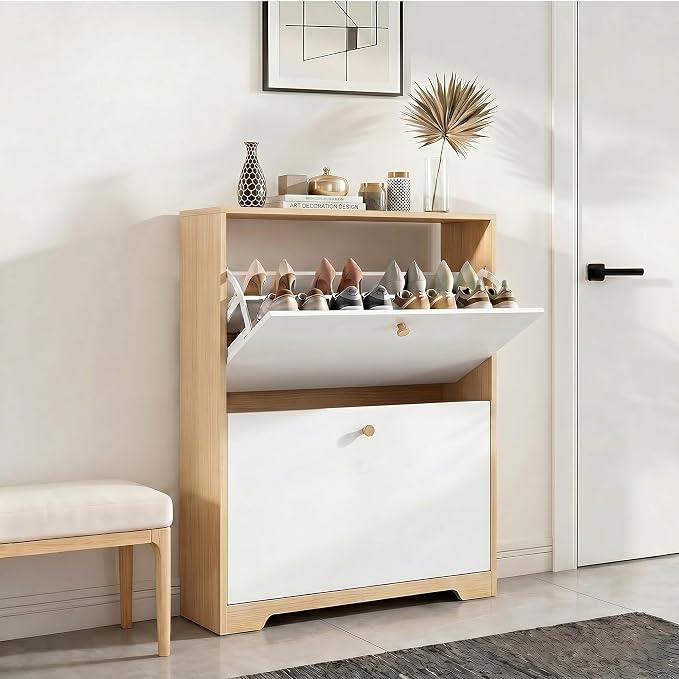 Nicetree Shoe Cabinet with 2 Flip Drawers, Narrow Shoe Organizer Cabinet, Freestanding Shoe Rack Cabinet, Modern Shoe Storage Cabinet for Entryway, Hallway, Foyer, Natural Oak and White