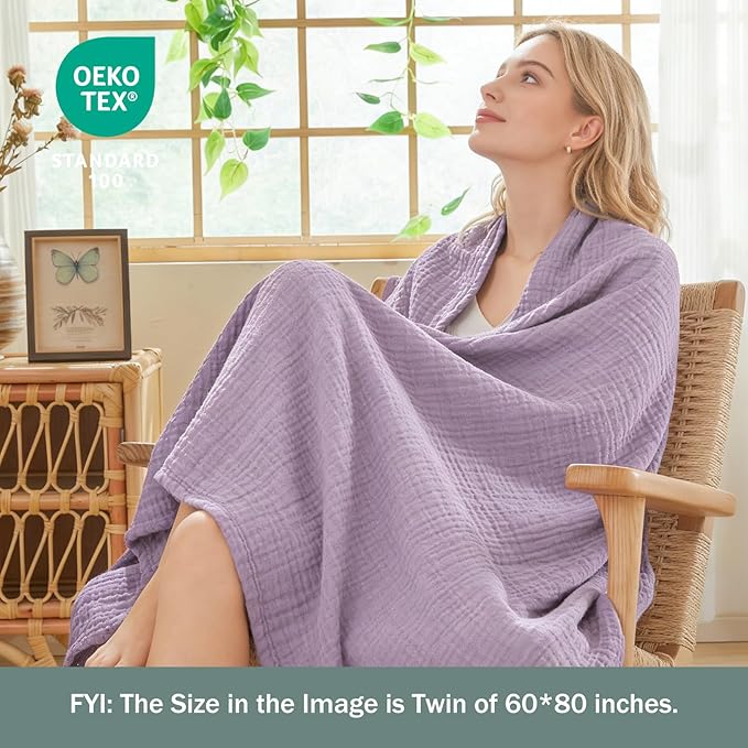 EMME Cotton Twin Blanket for Couch Soft Airy Muslin Bed Blankets Lightweight Breathable All Season Gauze, Lavender 60"x80"