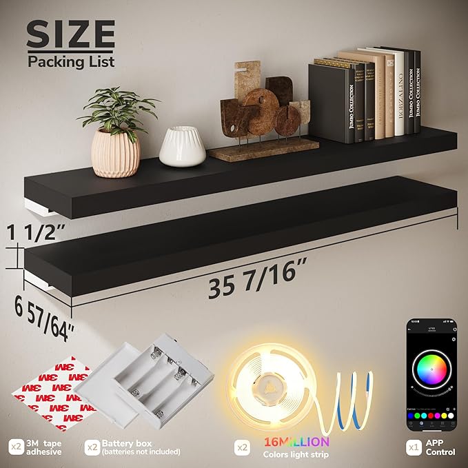 BAMEOS RGB LED Floating Shelves for Wall, 35" Wall Mounted Wooden Shelves with Invisible Brackets, Set of 2, Hanging Wall Shelves for Bedroom, Living Room, Kitchen, Study(Black)