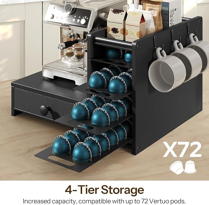 YATINEY Coffee Pod Drawer Holder, 4 Tier Holder for Vertuo, 72 Pods Large Capacity, Coffee Station Organizer with Storage Drawer and 3 Hooks, Black KH02BB