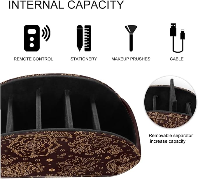 Brown Paisley Pattern Remote Control Holder with 5 Compartments, Office Desk Organizers TV Stand Decor/Nightstand Accessory Remote Caddy,Storage for Cosmetic Brushs/Pens