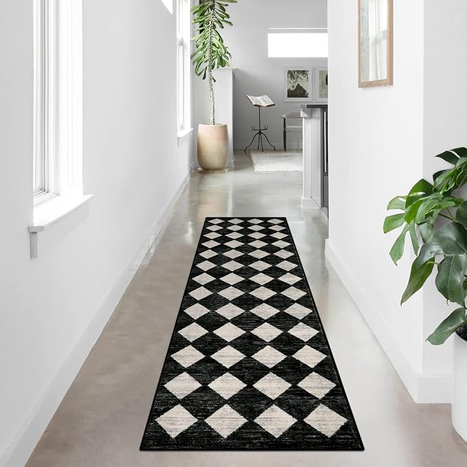 Lahome Moroccan Trellis Runner Rug - 2x8 Black Hallway Runner Rug with Rubber Backing, Checkered Kitchen Non Skid Carpet Runners Washable Indoor Mat for Camper Entryway Bathroom Hardwood Floor