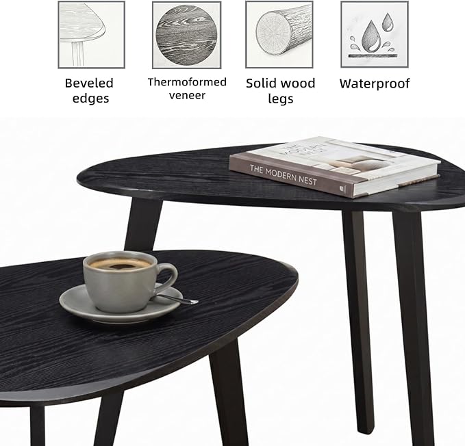 Nesting Coffee Table Set of 2-Mid Century Modern Guitar Pick Stacking Tables with Solid Wood Legs-Waterproof Triangle Center Side End Table for Small Living Room,Apartment,Balcony (Walnut)