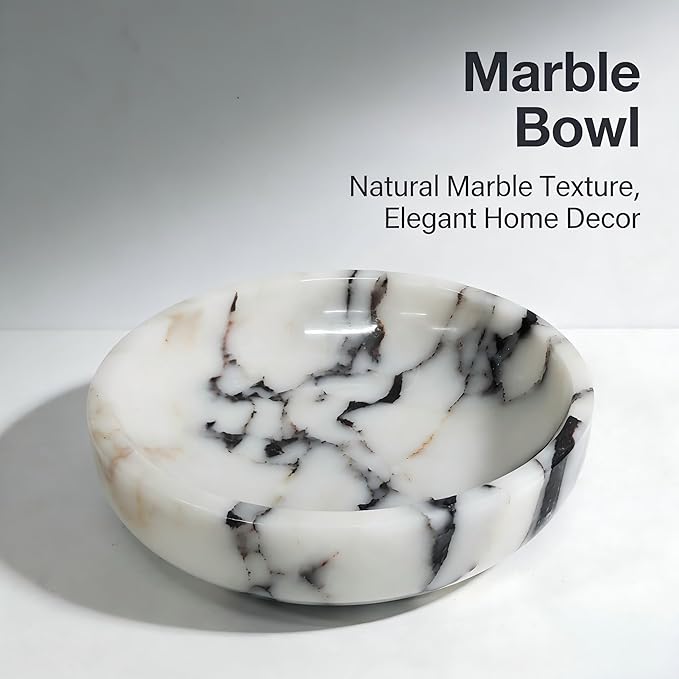 Large Decorative Marble Bowl, 7.87 inches,Natural Stone Round Bowl for Home Decor, Fruit, Nuts, Jewelry tray,Coffee Tables Centerpiece, Soap Serving (Calacatta-Viola white 7.87in)