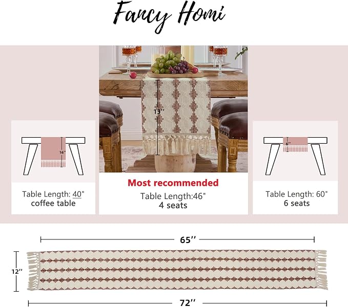 Fancy Homi Rust Boho Cotton Polyester Table Runner 72 Inches Long, Farmhouse Macrame Table Runners with Tassels for Home Party Bohemian Rustic Bridal Shower Kitchen Dining Decor 12x72 Inches