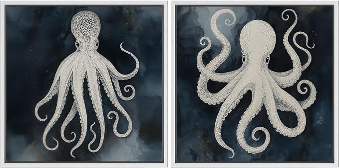 SIGNFORD Framed Canvas Print Wall Art Set Nautical Octopus Illustration Dark Blue Ocean Coastal Modern Art Relax/Calm for Living Room, Bedroom, Office - 16"x16"x2 WHITE