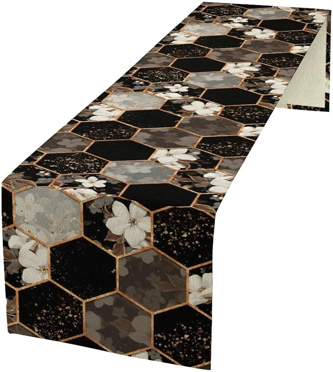 Geometric Marble Table Runner, Black Gold Hexagon White Flower Bloom Accent Table Runner for Kitchen Dining Party Wedding Decor, 13x60 Inch