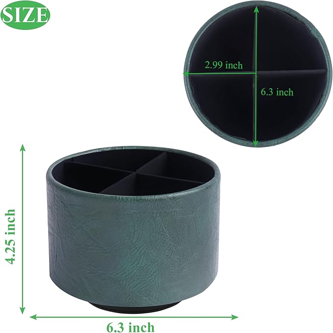 Round Leather Art Supply Organizer,Remote Control Holder,360 Degree Spinning,Multi-Functional Pencil Holder,4 Compartments Desktop Stationary Organizer(1-Crazy Green)