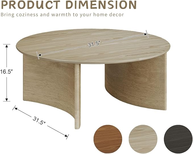 ROCITY 31.5″ Round Coffee Table, Natural Wooden Circle Coffee Table with Curved Base, Solid Wood, Ideal for Living Room, Apartment, Compact Place