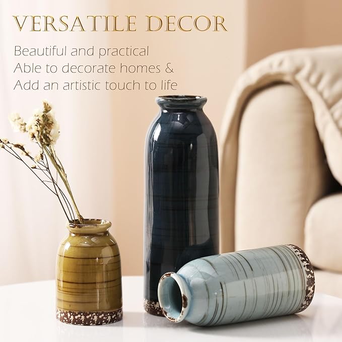 Joeabor Ceramic Vase Set of 3 - Handcrafted Ceramic Vases for Home Decor & Shelf - Modern Farmhouse Decor for Kitchen, Office, Bedroom & Living Room Decorative Objects for Mantel, Table Centerpieces