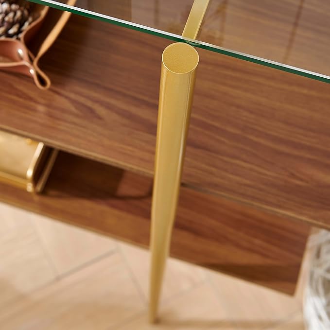 LumFurn Glass Console Table for Living Room, Foyer & Entrance, H41 x W14 x H31inch, 3-Tier Mid-Century Modern Sofa Table with Clear Glass Top, Walnut Finish Wood Shelf and Gold Finish Frame