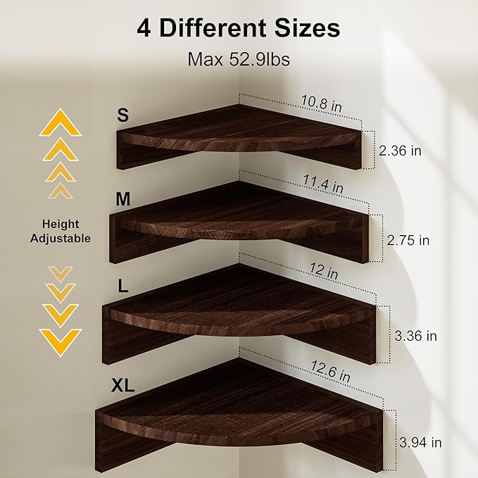 Alsonerbay Corner Shelf Wall Mount, Floating Shelves for Wall Storage and Display, Set of 4 Rustic Wood Shelves for Bedroom, Kitchen, Living Room, Nursery and Office (Dark Brown)