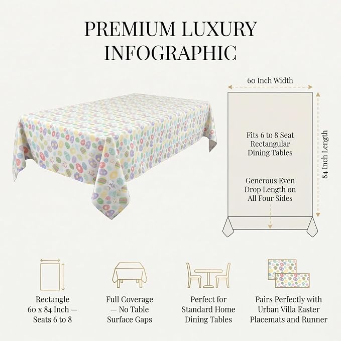 Urban VillaTabletop Cover Kitchen Dining Tablecloth 100% Cotton Holiday Celebrations Wedding Dinner Parties Easter Eggprint Rectangle 60X84 Inches 6-8 Seats Table Cloth